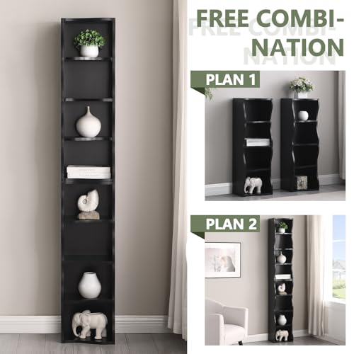 Tall Narrow Bookshelf, 8 Tiers Ultra Slim Bookbase, Skinny Tall Bookshelf, for Living Room, Office, Small Space, Adjustable Shelves, A Wavy Border Design, 11.6'' X 9.3'' X 70.9'' (Black) - color: Black