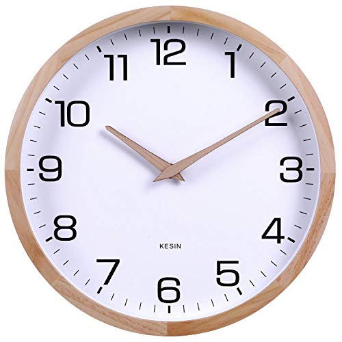 Kesin 12 Inches Wooden Round Silent Wall Clock White Wood Wall Clocks | Analog Digital Battery Operated Non Ticking for Living Room Kitchen Bedroom Office Vintage Home Decor