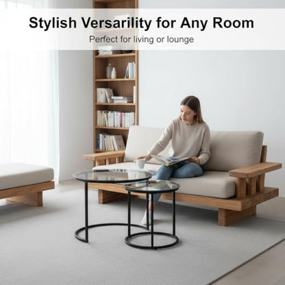 Round Nesting Coffee Table Set of 2, Glass Stacking Minimalist End Table | Modern Marble Pattern Wooden Nesting Tables for Living Room Bedroom Small Space, Clear Tempered Glass and Black Leg - color: Glass & Black