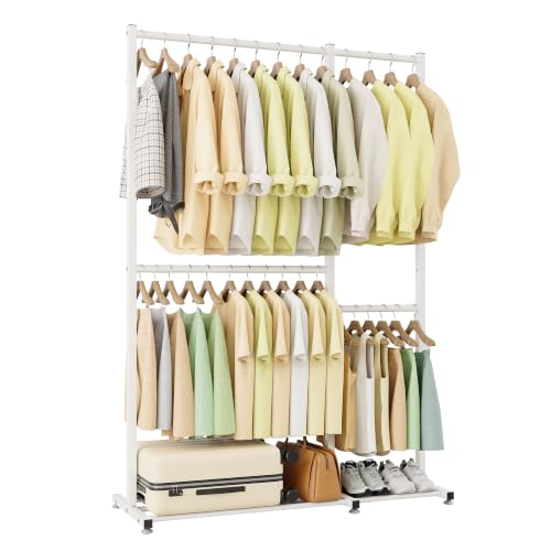 Clothing Rack with 4 Hanging Sections, 47.2" x 17.7" x 69.9", Double Rod Garment Rack with Storage Shelves, Freestanding Closet Organizer for Bedroom, Laundry Room, Portable Metal Clothes Rack, White - color: White