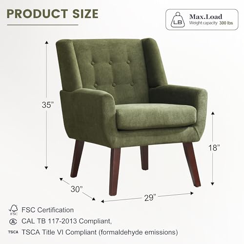 HUIMO Accent Chair for Living Room,Upholstered Button Fabic Armchair Chair | Mid Century Modern Tufted Armchair with Fabric,Comfy Arm Chairs for Club Living Room Reading Bedroom,Waiting Room Green - color: Green