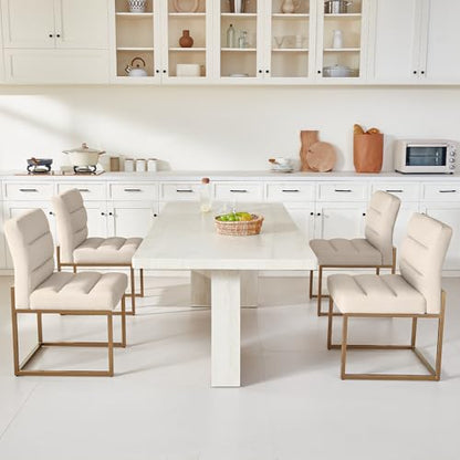 GrandNoor Modern Khaki Linen Fabric Dining Chairs Set of 4, Soft Thick Upholstered Kitchen Chairs with Gold Sturdy Metal Legs,Adjustable Foot Pads Dining Room Chairs - color: Khaki Linen, size: 4PCS Dining Chairs