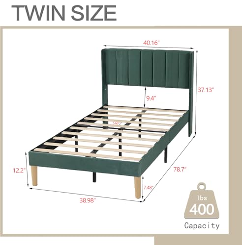 AGARTT Upholstered Platform Bed Frame Twin Size, Ink Green Velvet | Headboard and Footboard/Wooden Slats Support/No Box Spring Needed/Easy Assembly - color: Ink Green Velvet, size: Twin