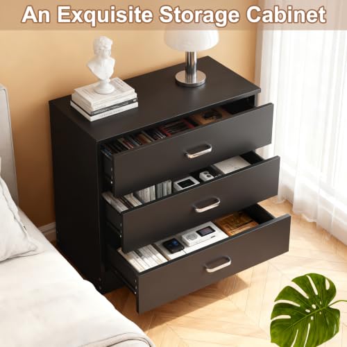 Vasitelan Wooden 3 Drawer Dresser, Modern Storage Chest of Drawers, Wood Bedside Table Night Table for Bedroom,Living Room (Black) - color: Black