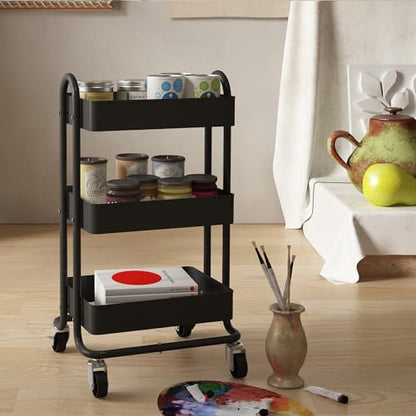 Metal Rolling Cart,3-Tier Metal Rolling Cart with Wheels,3 Tier Utility Cart with Wheels for Office,Home,Kitchen,Garden（13.4"x18.1"x31"） Black - color: Black, size: 31"H