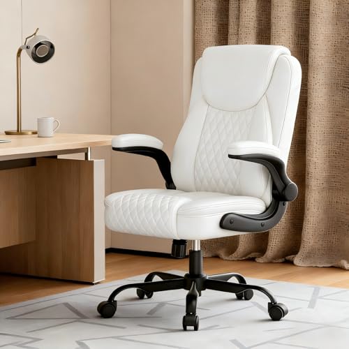 GTPLAYER PU Leather Office Chair, Home Desk Chair with Flip-up Arms, White | Ergonomic Back, Comfy Executive Chair for Home Office Gaming, Flexible Rocking, Heavy Duty Chairs - color: White