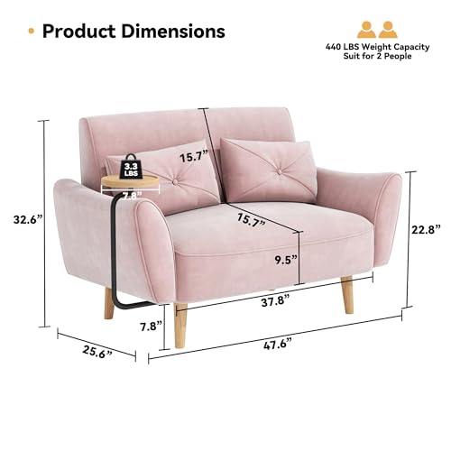 48" Loveseat Sofa - Small Couch for Small Spaces, Convertible Tray Sofa with 2 Pillows, Velvet Couch for Living Room, Bedroom, Apartment, Studio, Pink - color: Pink, size: Velvet