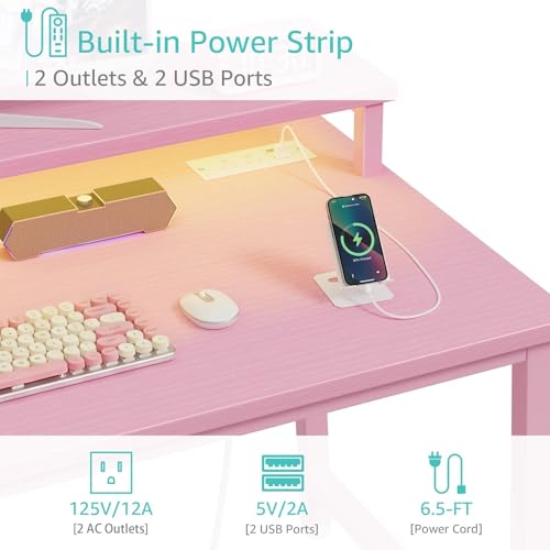 Lufeiya Girls Desk with Power Outlets and LED Lights, 40 Inch Gaming Desk Table with Charging Station, Home Office Computer Desks with Monitor, Pink - color: Pink, size: 39.4"
