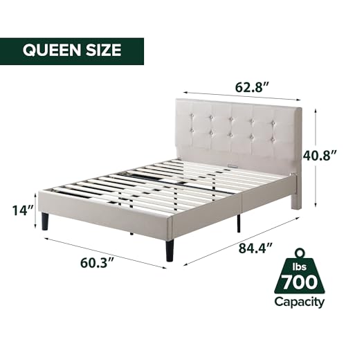 Zinus Ibidun Upholstered Platform Bed Frame, Mattress Foundation, Wood Slat Support, No Box Spring Needed, Eco Friendly WonderBox (TM), Easy Assembly, Soft Beige, Queen - color: Beige, size: Queen, style: Button Tufted (New Small Box)