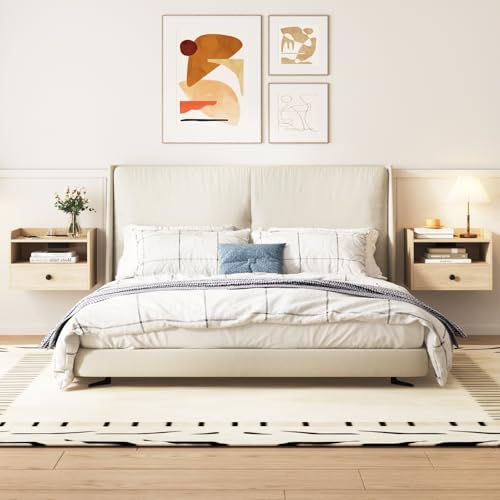 Floating Nightstand Set of 2 Modern Night Stands with Drawer and Open Shelf | Cubby Small Bedside End Table with Charging Station Wall Mounted Nightstands Set 2 for Bedroom Natural - color: Natural