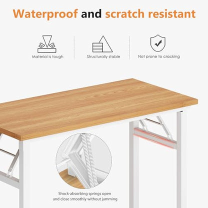 DlandHome 39 inches Folding Table Computer Desk Portable ActivityTable Conference Table Home Office Desk, Fully Assembled Teak and White DND-ND5-100TW | Foldable Writing Table for Small Spaces Bedroom, No Assembly Required, Wood Top Metal Frame, Collapsib
