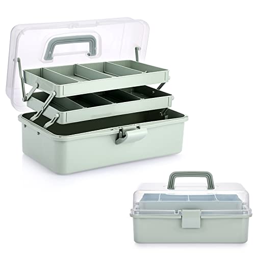 BTSKY 3-Layer Plastic Dividing Storage Box Craft Organizer and Storage | Portable Handled Art Supply Organizer with Adjustable Spacers Multipurpose Home Utility Box for Medicine Sewing(Haze Green) - color: Haze Green