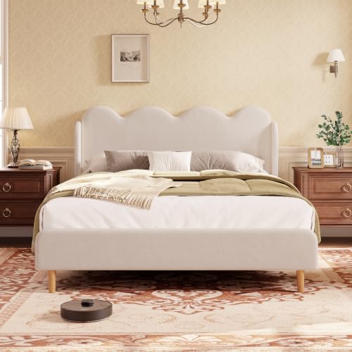 Garvee Twin Bed Frame for Kids, Upholstered Scalloped Wave Tall Headboard, Chenille Wingback Design, Wood Slat Support, No Box Spring Needed, Easy Assembly, Beige | Upholstered Scalloped Wave Tall Headboard, Wood Slat Support, No Box Spring Needed, Easy A