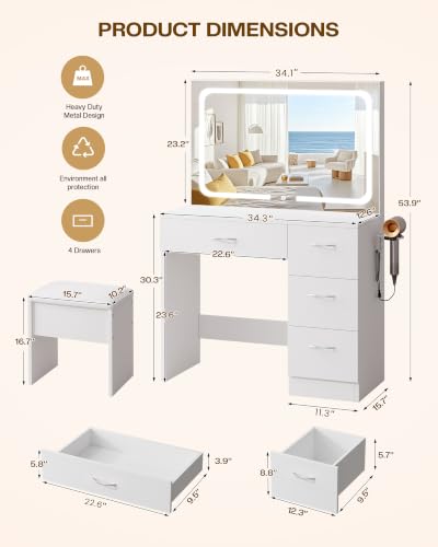 LIVELYGLOW 35.4" White Vanity Desk Set with Full-Width LED Mirror & Stool | 3 Lighting Modes, Charging Station, Cushioned Stool, 4 Drawers