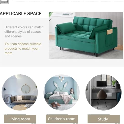3 in 1 Convertible Sleeper Sofa Bed, Velvet Loveseat Futon Pull-Out Couch with Adjustable Reclining Backrest, Side Pockets and Pillows for Living Room, Bedroom, Apartment, Small Spaces (Green-Velvet) - color: Green-velvet