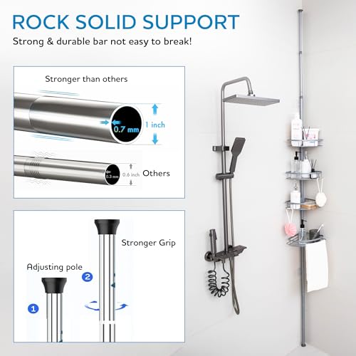 Rustproof Stainless Steel Shower Caddy Corner Organizer - Adjustable 29.5-108" Tension Pole with 4 Shelves, Non-Slip Base, Heavy-Duty Rust-Resistant Design, Includes 2 Hooks