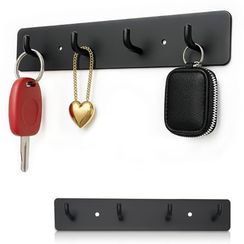 Key Holder Wall Mount Key Rack, Hanging Keys Hanger Hooks for Wall-Mounted Black Rail with 4 Hooks Storage Organizer Home Decor, Self Adhesive no Drill or Screws