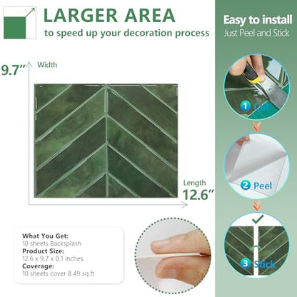 STICKGOO Herringbone Peel and Stick Backsplash, Green, 10 Sheets | 12.6 x 9.7 in, Thicker Rectangular Vinyl Stick-On Wall Tiles, Easy Alignment, Waterproof, Easy to Clean, Kitchen/Bathroom - color: Green, size: Pack of 10