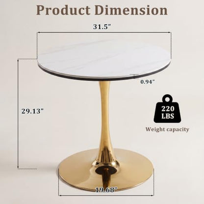 31.5" Round Dining Table, Sintered Stone Tulip Table with Gold Metal Pedestal Base, Modern Leisure Dining Table for Small Space, Kitchen, Dining Room (White and Gold) - color: White and Gold