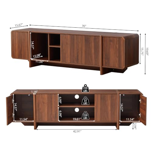 70'' Fluted Wood TV Stand with Storage Fits Up to 80 Inch TV | Mid-Century Modern Media Console with Open Shelves & Cable Holes Low TV Entertainment Center for Living Room Bedroom (Walnut)