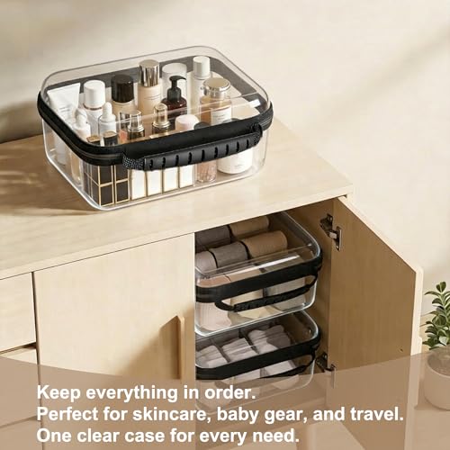 3 Pack Clear Hard Shell Zipper Storage Case Deep Capacity Organizer Pouches | PET Waterproof Transparent Bags with Handle 1.2mm Thick for Makeup Toiletries Cosmetics Toys Art Supplies Travel Essentials - color: black