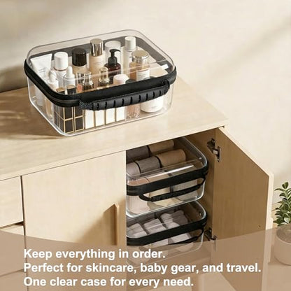 3 Pack Clear Hard Shell Zipper Storage Case Deep Capacity Organizer Pouches | PET Waterproof Transparent Bags with Handle 1.2mm Thick for Makeup Toiletries Cosmetics Toys Art Supplies Travel Essentials - color: black