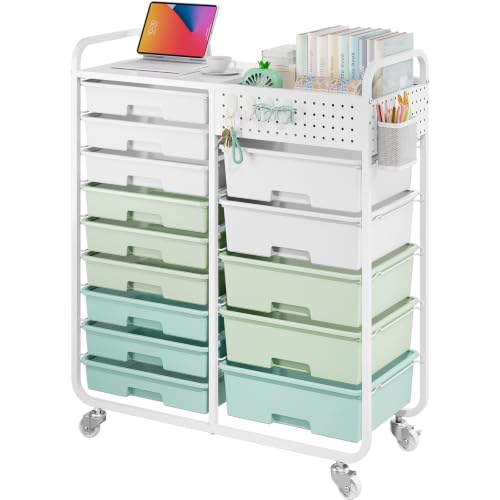 14 Drawer Rolling Storage Cart with Tabletop and Pegboard for Crafts Green | Easy Setup, Large Capacity, Sturdy Build, Smooth Mobility, For classroom, office and dorm supplies - color: Green