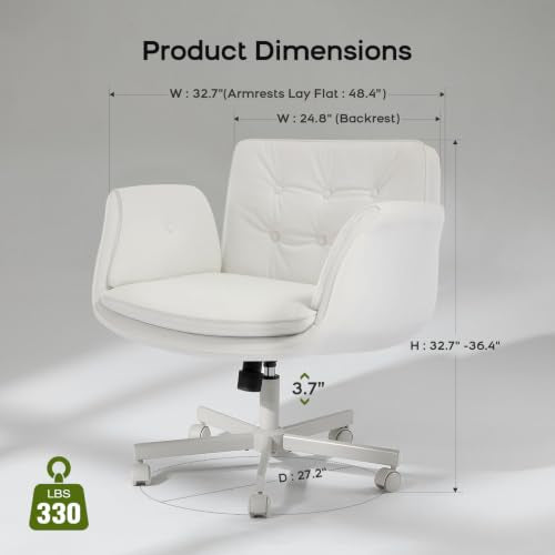 amseatec Criss Cross Office Chair, Swivel Makeup Vanity Chair with Wheels | Wide PU seat supports cross-legged, fidget-friendly sitting; 5-level armrests create pet space; wipe-clean finish eases care - color: White