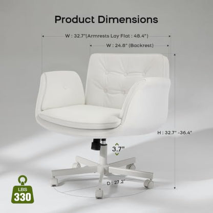 amseatec Criss Cross Office Chair, Swivel Makeup Vanity Chair with Wheels | Wide PU seat supports cross-legged, fidget-friendly sitting; 5-level armrests create pet space; wipe-clean finish eases care - color: White