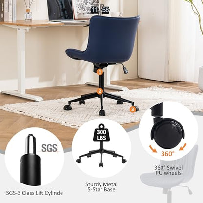 YOUTASTE Navy Blue Office Chair, Faux Leather Armless Desk Chair with Wheels, Height Adjustable, Swivel, Rocking, 300 lbs Capacity, Metal Base, for Home Office Vanity, Purple - color: Navy Blue
