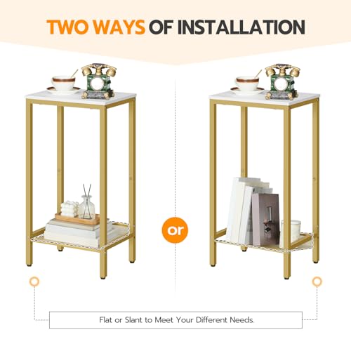HOOBRO Tall Side Table, Industrial End Telephone Table with Adjustable Mesh Shelves, Small Tall Nightstand for Living Room, Bedroom, Entryway, Office, White and Gold DW03DH01 - color: White + Gold