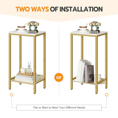 HOOBRO Tall Side Table, Industrial End Telephone Table with Adjustable Mesh Shelves, Small Tall Nightstand for Living Room, Bedroom, Entryway, Office, White and Gold DW03DH01 - color: White + Gold