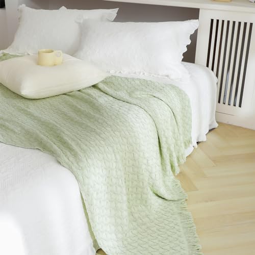 Simple&Opulence 100% Cotton Throw Blanket for Couch, Bed, Waffle Weave Knit Blanket with Tassels, Soft Lightweight Pre-Washed Breathable Comfy Blanket Farmhouse Decor for All-Season(Sage Green) - color: B-sage Green