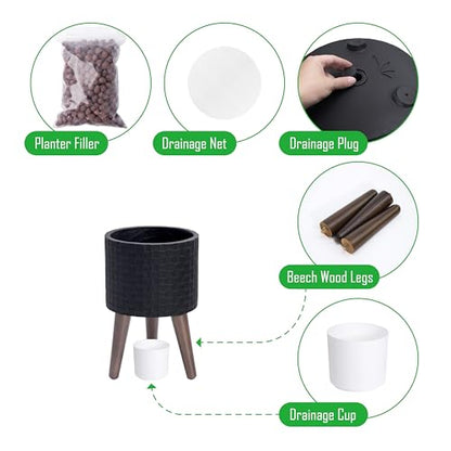 D'vine Dev Planter Pot with Wood Stand, 8 in, Matte Black, 88-Z-A-2 | Mid-Century Modern Style, Elevated Plant Display, Drainage Hole and Plug, Functional & Stylish, Modern Indoor Planter - color: Matte Black, size: Small