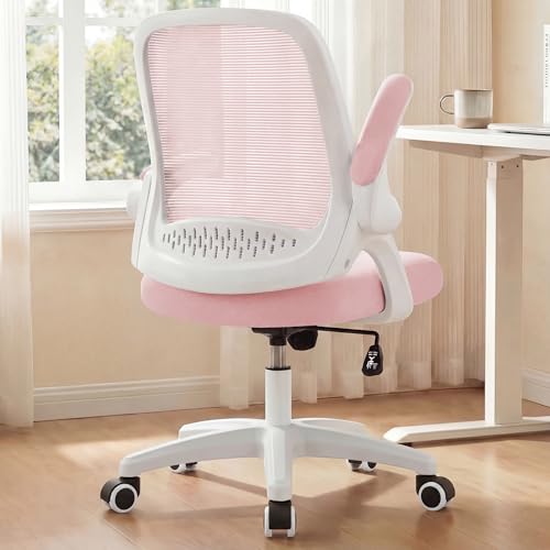 NEO CHAIR Office Desk Chair, Ergonomic Mesh with Flip-Up Armrests, Pink | Lumbar Support, Height Adjustment, 360° Swivel and Rolling Base, Space-Saving Design for Home Office, Vanity or Study - color: Pink