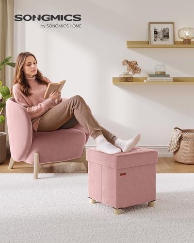 SONGMICS Small Storage Ottoman, Folding Ottoman Cube, 15 x 15 x 15.7 Inches, Footstool, Footrest, 10 Gal. (37 L), Velvet Surface, for Bedroom, Living Room, Dorm, Jelly Pink ULSF0516R01 - color: Jelly Pink