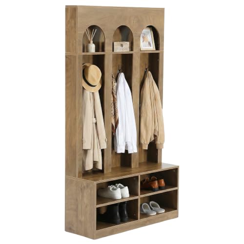 LITTLE TREE Hall Tree with Shoe Storage, Entryway Bench with Coat Rack | 6 Double Hooks, Entryway Storage Furniture, Mudroom Bench with Storage and Hooks, Farmhouse Hall Tree, Hallway Tree, Brown