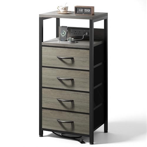 Lazzanto Night Stand with Charger Station, 4 Fabric Drawers, Grey | Nightstand, Bedside Table, Open Shelf, Built in USB-A, USB-C Port & AC Outlets, For Bedroom, Dorm, Living Room - color: Grey, size: 4 Drawers