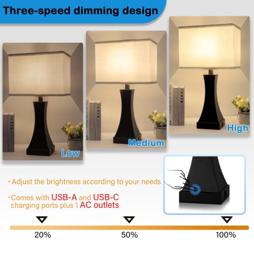OYedis Table Lamp for Bedroom 3-Way Dimmable Touch Control Bedside Lamp with USB A+C Port & AC Outlet 21.6" Tall Nightstand Lamp for Living Room Office and Hotel Bulb Included - color: Black