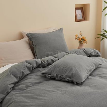 BISELINA 100% Washed Cotton Duvet Cover Set 3pcs with Bowknot Ties Strap Solid Color Linen Like Textured Durable Breathable Soft Comfy Chic Bedding (King, Dark Grey) - color: Dark Grey, size: King