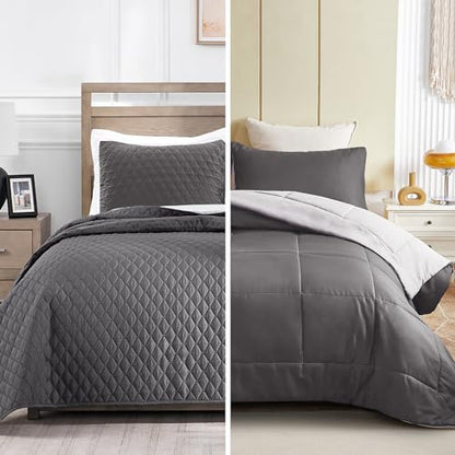 Exclusivo Mezcla Ultrasonic Reversible Full Queen Quilt Bedding Set and Lightweight Reversible Queen Comforter Set Bundle