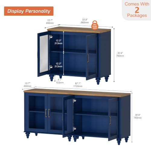 WAMPAT Farmhouse TV Stand for TVs Up to 75 inch, Glass Wooden Universal TV Stand with 2 Storage Cabinets, Entertainment Center, Console Table for Living Room, Bedroom, Navy Blue - color: Navy Blue-a, size: 2