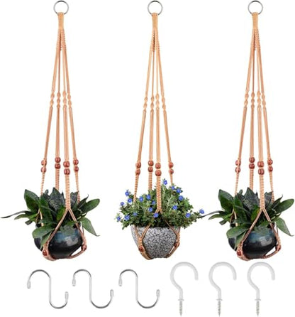 RIFNY Macrame Plant Hanger for 5 to 10 Inch Plant Pots, 35 Inch Woven Rope Hanger Kits with Hooks and Wood Beads, Hanging Planter Basket for Indoor Boho Home Decor (Brown, 3 Pack) | 35 Inch Hanging Planter with Hooks, Fits 5-10" Pots, Suitable for Ceiling