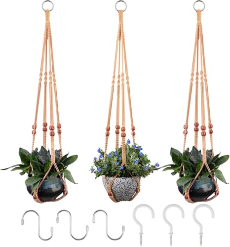 RIFNY Macrame Plant Hanger for 5 to 10 Inch Plant Pots, 35 Inch Woven Rope Hanger Kits with Hooks and Wood Beads, Hanging Planter Basket for Indoor Boho Home Decor (Brown, 3 Pack) | 35 Inch Hanging Planter with Hooks, Fits 5-10" Pots, Suitable for Ceiling