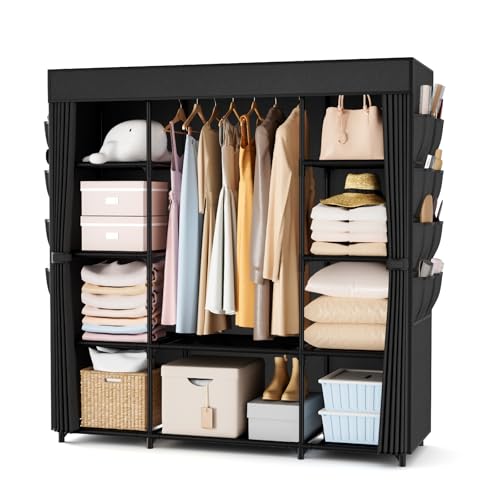 Portable Closet for Hanging Clothes 57.3 Inch Large Capacity Wardrobe Closet with Cover, 8 Pockets and 1 Hanging Rod, Easy Assembly Closet Organizer for Bedroom, Black