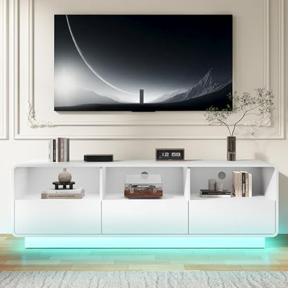 RoyalCraft TV Stand for TVs Up to 65", Modern White Entertainment Center with 3 Storage Drawers and LED Lights, Curved Wood Media TV Console for Living Room, Bedroom - color: White