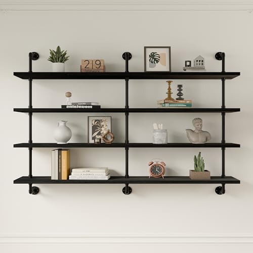 HDDFER Floating Shelves for Wall Bookshelf Industrial Pipe Shelving Shelves 60 Inch Natural Wood Planks Rustic Wall Shelves Hanging Bookshelves Farmhouse Kitchen Shelving Black - color: Black, size: 4Tier60in