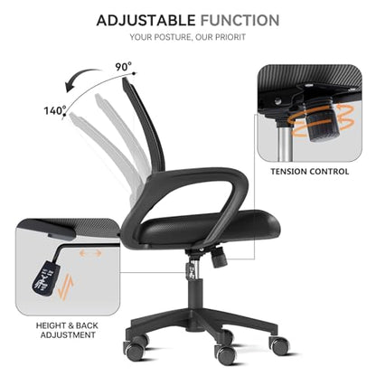 Ergonomic Office Chair, Mid-Back Mesh Desk Chair, Computer Chair, Black | Lumbar Support, Rocking Mode, Height Adjustable, Fixed Armrest, for Computer, Gaming, Conference, Meeting - color: Black
