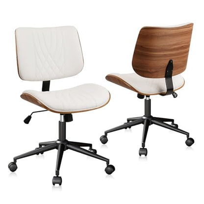 CLATINA Armless Home Office Chair, Desk Chair with Wheels, Adjustable Height Reading Chairs, Leather Mid Back & Swivel Computer Chairs, Modern Walnut with Back for Study Meeting Room(White) 2Pack - color: White Diamond-a, size: 2 Pack
