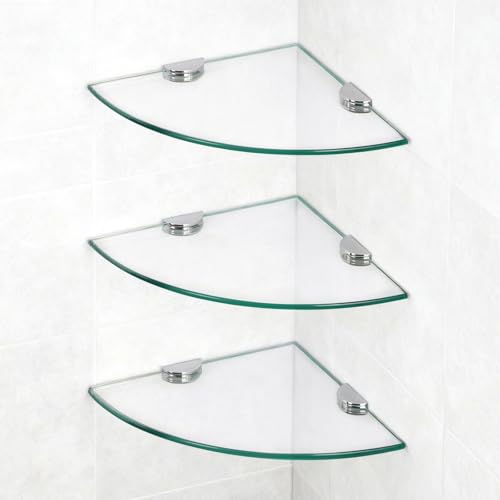 3 Pack Glass Corner Shower Shelves, Tempered Floating Glass Shelves Wall Mount, Shower Caddy Organizer, Bathroom Corner Shelf with Zinc Alloy Brackets for Bathroom, Kitchen, Living Room - size: 3 PACK Without Rail